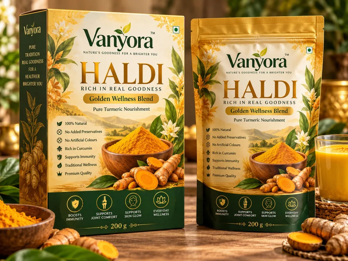 Vanyora Haldi concept packaging representing Indian spice traditions