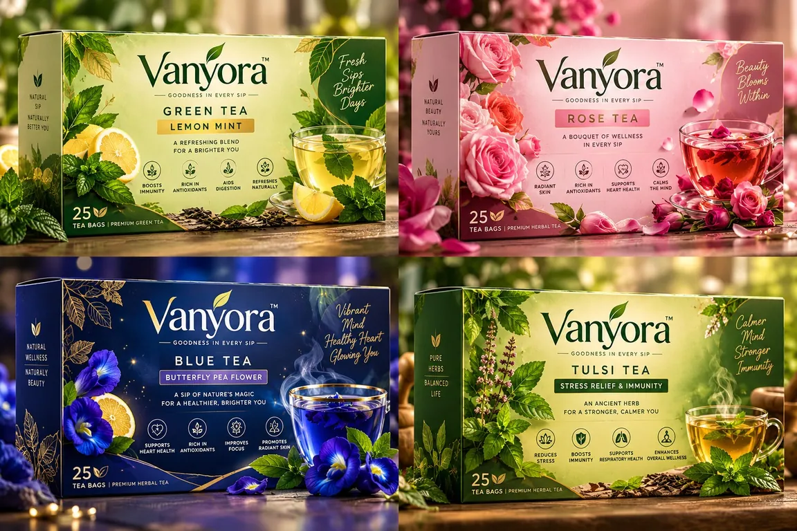 Vanyora green, rose, blue, and tulsi tea concept packaging